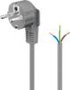 Goobay 50082 Schutzkontaktkabel abgewinkelt zum Konfektionieren; 2 m, Grey, 3×0,75 mm², Schutzkontaktstecker Hybrid (Typ E/F, CEE 7/7) 90° > loose cable ends