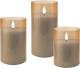 Goobay 3er-Set LED-Echtwachs-Kerzen im Glas, gold-transparent, weiß-gold - with timer function and 3D-flame cone, battery-operated, warm white (2700 K)