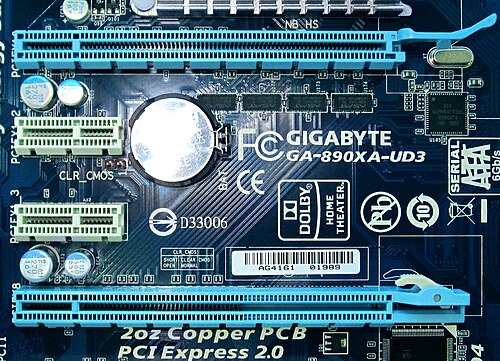 PCI Express x16 and x1 slots on a mainboard