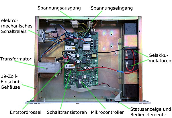 Inside view of a UPS — transformer, inverter and VRLA batteries